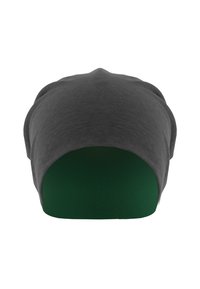 Beanie hat featuring a dark gray outer layer and a solid green interior, made from soft, stretchy fabric with a fitted design.