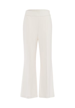 Witte uitlopende broek met een brede elastische tailleband, gemaakt van een glad, rekbaar materiaal. Voorzien van verticale naden aan de voor- en achterkant.