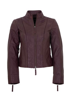 Bordeauxrote Lederjacke mit Frontreißverschluss, hohem Kragen, langen Ärmeln und Reißverschluss an den Bündchen, maßgeschneiderte Passform mit Nahtdetails.