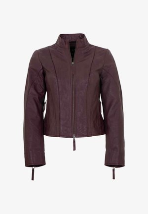 Bordeauxrote Lederjacke mit Frontreißverschluss, hohem Kragen, langen Ärmeln und Reißverschluss an den Bündchen, maßgeschneiderte Passform mit Nahtdetails.