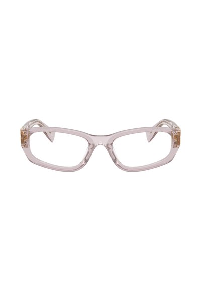Lunettes surdimensionnées transparentes rose avec une forme rectangulaire, présentant des branches accentuées d'or et une finition lisse et brillante.