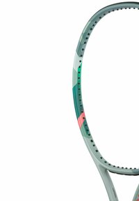 Tennis racket with a curved, green and white frame, featuring pink and teal geometric accents and multiple grommet holes along the edge.