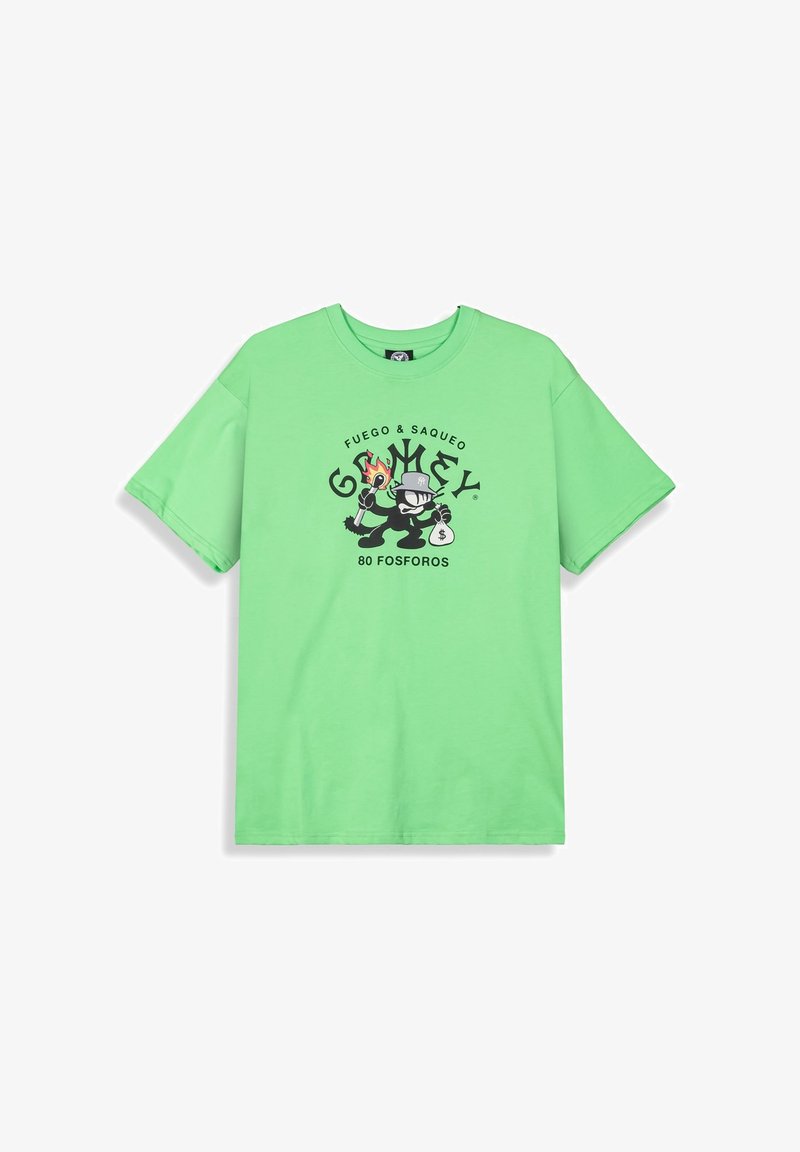 Groene katoenen t-shirt met een ontspannen pasvorm. Heeft een geprinte grafiek van personages met de tekst "FUEGO & SAQUEO" en "80 FOSFOROS" in het zwart.