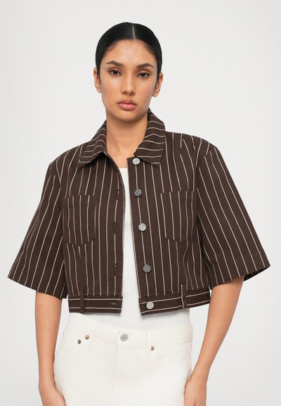 Brown striped cropped jacket with short sleeves, featuring a collared neck, front buttons, and two chest pockets.