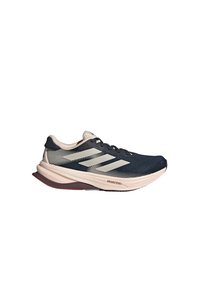 Scarpa da corsa con tomaia in rete blu navy, dettagli grigio chiaro e intersuola imbottita color crema. Presenta una suola texturizzata per aderenza e stabilità.