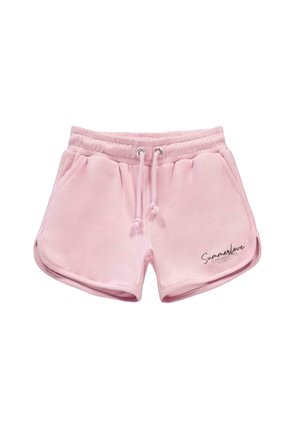 Roze katoenen short met een zachte structuur, voorzien van een elastische tailleband, trekkoord, voorzakken en het "Summerlove"-logo aan de zijkant.