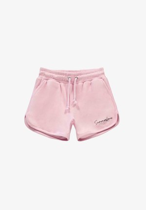 Roze katoenen short met een zachte structuur, voorzien van een elastische tailleband, trekkoord, voorzakken en het "Summerlove"-logo aan de zijkant.