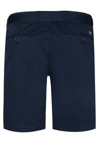 Marineblauwe shorts van een luchtige stof, met een rechte voorkant, achterzakken met knopen en een gestructureerde elastische tailleband.