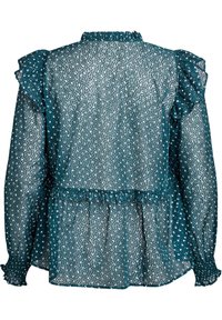 Türkise Bluse aus transparentem Stoff, gepunktetes Muster in Weiß und Schwarz, Volant-Details an den Schultern, smock-elastische Bündchen und Peplum-Taille.