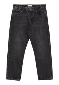 Jeans in denim nero con vestibilità dritta, cinque tasche e texture sbiadita. Presentano un patta con bottone e passanti per cintura sulla vita.
