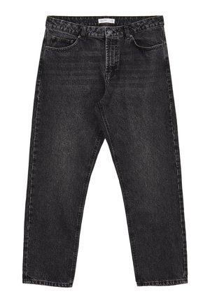 Jean en denim noir avec une coupe droite, cinq poches et une texture délavée. Il présente une braguette à boutons et des passants de ceinture à la taille.