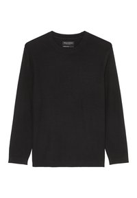Czarna longsleeve wykonana z bawełny organicznej, z okrągłym dekoltem, lekką teksturą i prostym wzorem końcówek bez zdobień.