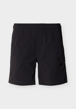 Svarte shorts til menn med elastisk midjebånd, sidelommer og en subtil sirkulær logo på nedre venstre ben.