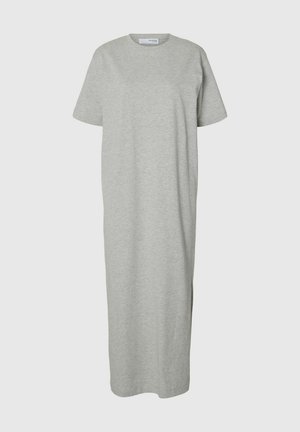 Grey, short-sleeve, ankle-length dress made of soft jersey fabric with a round neckline and minimal side slit for ease of movement.