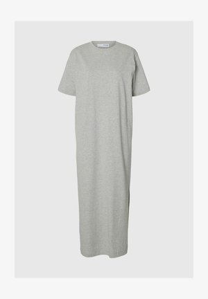 Hall grey, lühikeste varrukatega, põlvini ulatuv kleit, mis on valmistatud pehmest džersist kangast, ümara kaelusega ja minimaalsete külgsisselõigetega mugavuse tagamiseks liikumisel.