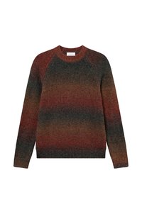 Ronde hals trui in verloopkleuren van rood, bruin en groen. Gemaakt van een getextureerd breimateriaal met geribde manchetten en zoom.