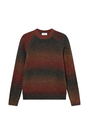 Svetr s kulatým výstřihem v gradientních odstínech červené, hnědé a zelené. Vyrobený z texturované pleteniny s žebrovanými manžetami a lemem.