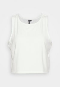 Top cropped branco com textura canelada e decote redondo, sem mangas e com bordas limpas. Etiqueta visível no decote.