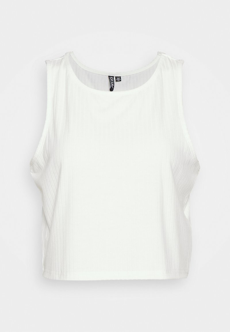 Top cropped branco com textura canelada e decote redondo, sem mangas e com bordas limpas. Etiqueta visível no decote.