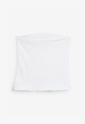 Top alb, elastic, fabricat din bumbac moale. Design simplu cu o croială dreaptă și textură netedă, fără modele sau accente vizibile.