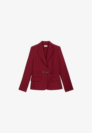 Burgundy blazer with a tailored design, lapel collar, front pockets, and a decorative golden belt buckle detail. Long sleeves with a smooth finish.