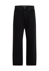 Pantalones de mezclilla negra con un ajuste holgado, que cuentan con un diseño estándar de cinco bolsillos, cierre de botón y un bordado sutil de la marca.