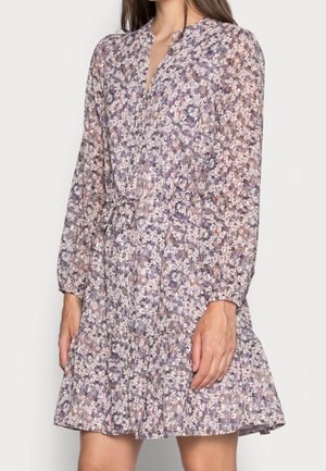 Blomsterprint kjole i let, transparent stof med krave, lange ærmer og justerbar talje med flæset kant.