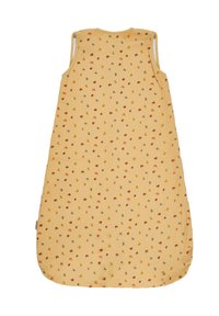 Muslin Baby-Schlafsack in Gelb mit bunten Punkten. Merkmale sind ein ärmelloses Design, eine weiche Textur und ein abgerundeter Saum für zusätzlichen Komfort.