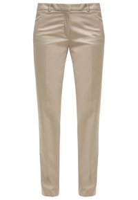 Pantalon beige slim fit avec poches latérales, passants de ceinture et fermeture éclair centrale devant, présenté sur fond blanc.