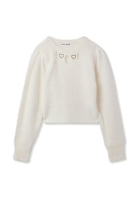 Biały, krótki sweter wykonany z miękkiej, teksturowanej tkaniny. Charakteryzuje się bufkami na długich rękawach oraz trzema sercowymi wycięciami przy dekolcie.