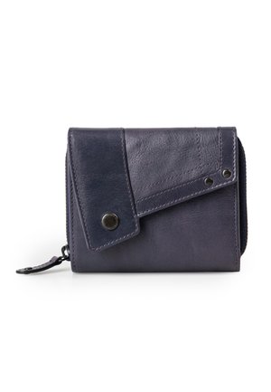 Leren portemonnee in donker marineblauw met een opklapbare flap, ritssluiting en decoratieve hardware met een drukknoop en contrasterende stiksels.