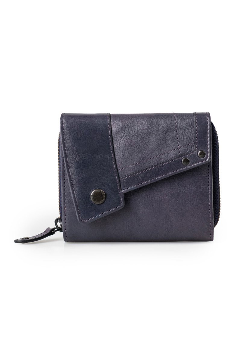 Leren portemonnee in donker marineblauw met een opklapbare flap, ritssluiting en decoratieve hardware met een drukknoop en contrasterende stiksels.