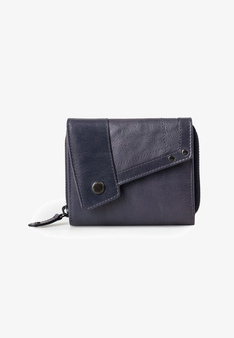 Leather wallet in dark navy with a fold-over flap, zipper closure, and decorative hardware featuring a snap button and contrasting stitching.