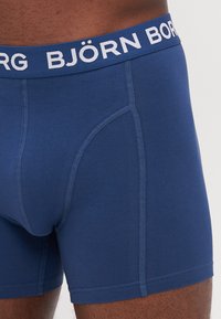 Dark blue boxer briefs with a white elastic waistband featuring the text "BJÖRN BORG." Flat seams and a smooth, stretchy fabric texture.
