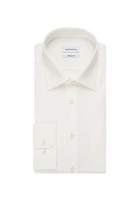 Weißes Hemd mit langen Ärmeln, regulärem Kragen und geknöpften Manschetten, ordentlich gefaltet, Markenetikett "seidensticker" sichtbar im Krageninneren.