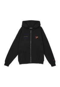 Felpa nera con zip e tasca a marsupio, con un piccolo logo arancione sul petto e sulla manica. Tessuto morbido con vestibilità rilassata.