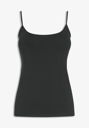 Černý tílko s tenkými, nastavitelnými ramínky. Vyrobeno z hladkého, elastického materiálu. Úzký střih s jednoduchou, čistou siluetou.