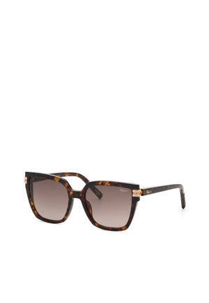 Lunettes de soleil à monture carrée écaille avec verres marron dégradé et détails dorés sur les branches.