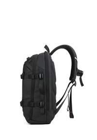 Zaino nero realizzato in tessuto resistente, con spallacci regolabili, cinghie di compressione laterali e un pannello posteriore imbottito per il comfort.