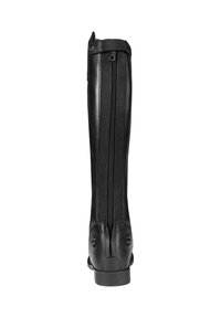 Botas de montar negras de cuero, con un diseño alto, cremalleras traseras y suelas planas. Textura suave con acentos mínimos.