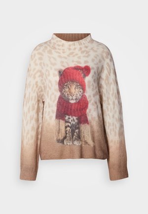 Megztinis su leopardu, dėvinčiu raudoną skrybėlę ir šaliką, su gradientine šviesiai ruda fone ir gyvūnų rašto dizainu.