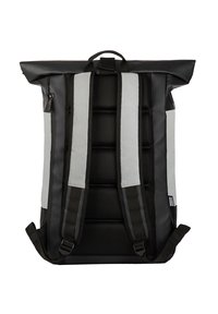 Black waterproof roll-top backpack with gray accents, padded mesh straps, and a zippered side pocket. Textured material for durability.
