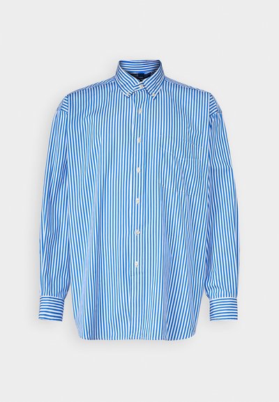 Button-up shirt with vertical blue and white stripes, collar, long sleeves, and a chest pocket. Made of lightweight fabric.