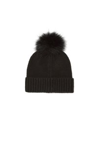 Gorro de punto negro con puño acanalado y un pompón negro esponjoso en la parte superior. Textura suave, forma redonda, adecuado para el clima frío.