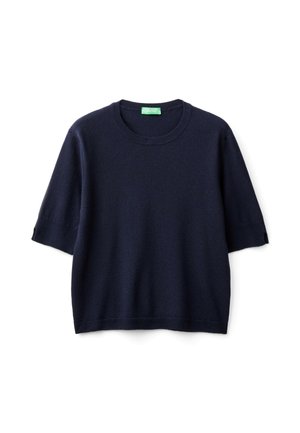 Navyblauw short-sleeve sweater met een ronde hals. Gemaakt van zacht materiaal, met een relaxte pasvorm en geribde mouwen en zoom.
