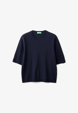 Marineblauer kurzärmeliger Pullover mit Rundhalsausschnitt. Hergestellt aus weichem Material, mit lockerer Passform und gerippten Bündchen sowie Saum.