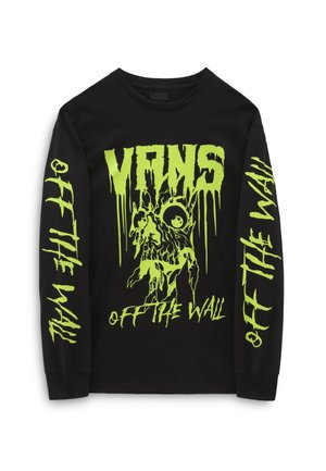 Czarna koszula z długim rękawem z neonowozielonym napisem "VANS" z efektem kapania, grafiką topniejącej czaszki oraz napisem "OFF THE WALL" na przodzie i rękawach.