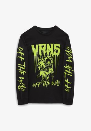Zwart shirt met lange mouwen met neon groene druppelende "VANS" tekst, afbeelding van een smeltende schedel, en "OFF THE WALL" op de voorkant en mouwen.