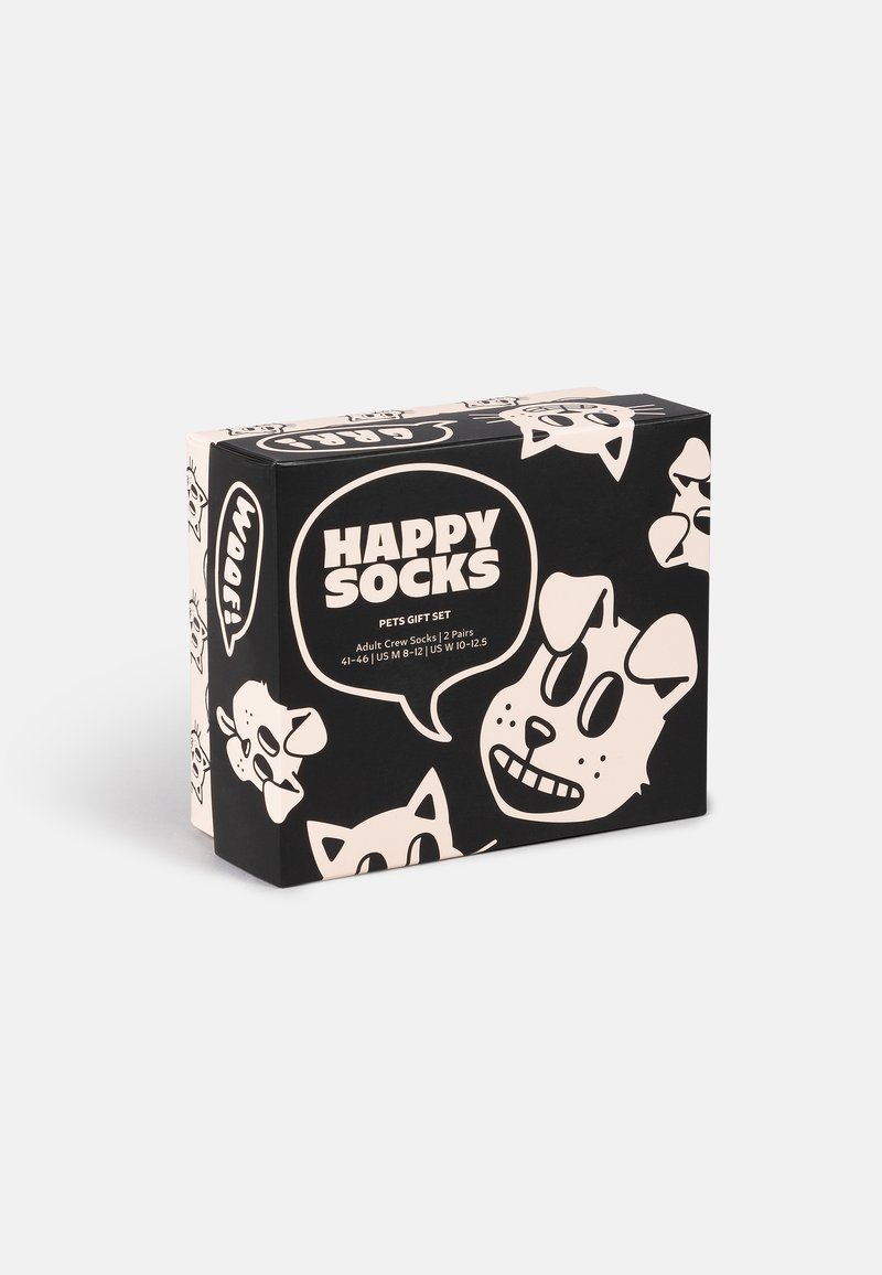 Schwarze und cremefarbene Geschenkschachtel mit verspielten Haustiermotiven, enthält den Text "Happy Socks". Enthält zwei Paar Erwachsenensocken in der Größe 41-46.