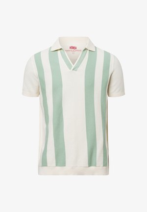 Polo shirt in maglia color crema con righe verticali verdi menta. Presenta un colletto a V e maniche corte. Tessuto testurizzato.